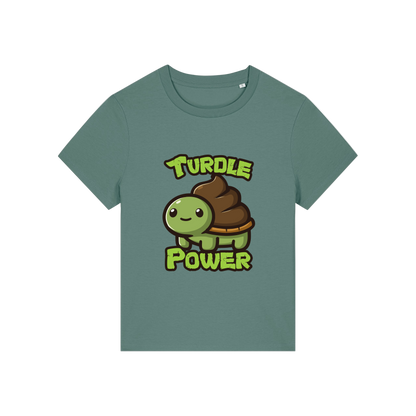 green funny animal t-shirt with a graphic of a turtle with an emoji poo for a shell and the slogan 'turdle power'