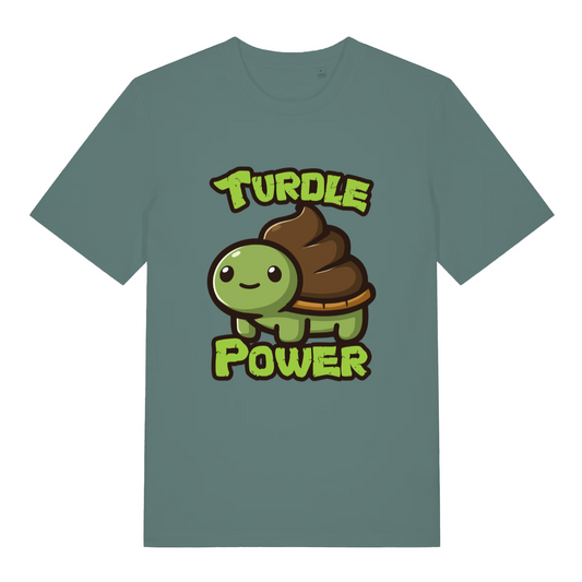 green women's kawaii t-shirt with the graphic of a turtle with an emoji poo for a shell and the slogan 'turdle power'
