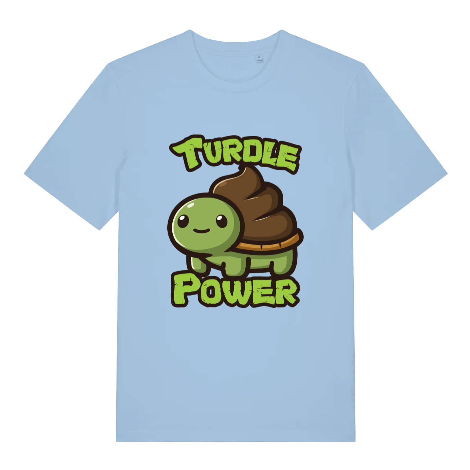 light blue women's kawaii t-shirt with the graphic of a turtle with an emoji poo for a shell and the slogan 'turdle power'