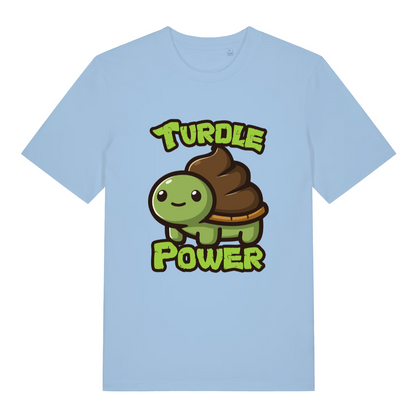 light blue women's kawaii t-shirt with the graphic of a turtle with an emoji poo for a shell and the slogan 'turdle power'
