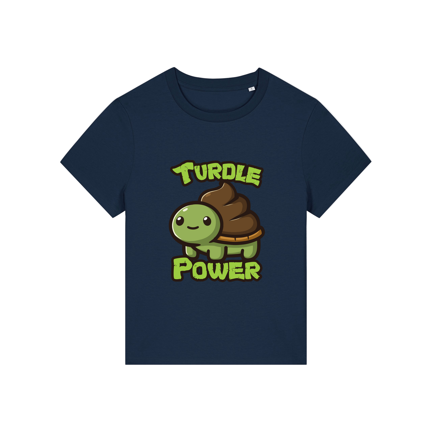 navy funny animal t-shirt with a graphic of a turtle with an emoji poo for a shell and the slogan 'turdle power'