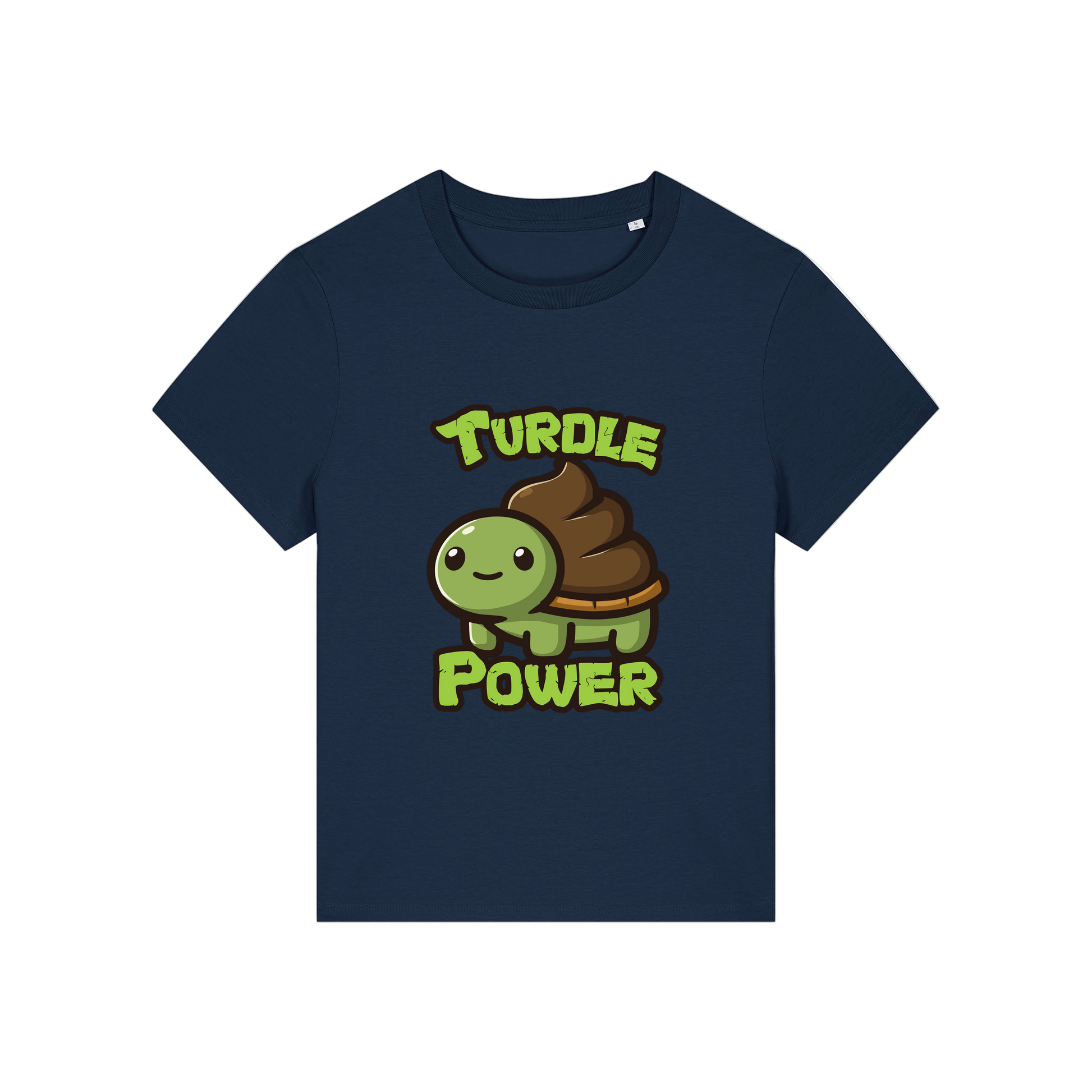 navy funny animal t-shirt with a graphic of a turtle with an emoji poo for a shell and the slogan 'turdle power'