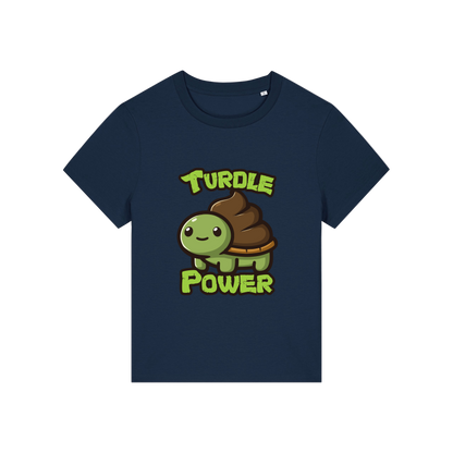 navy funny animal t-shirt with a graphic of a turtle with an emoji poo for a shell and the slogan 'turdle power'