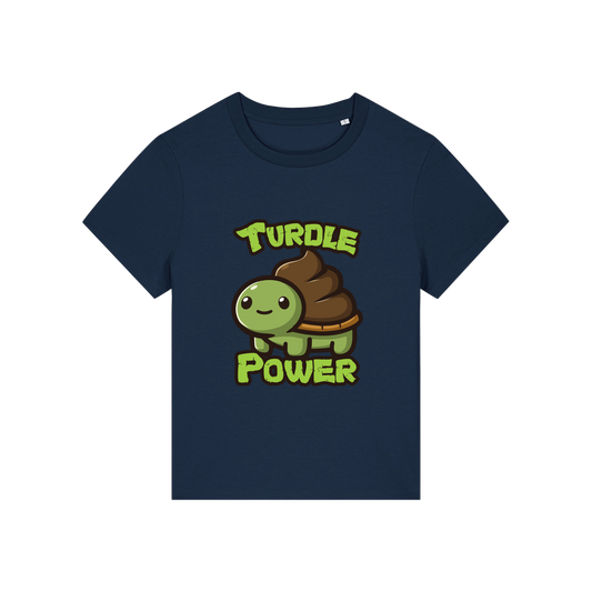 navy funny animal t-shirt with a graphic of a turtle with an emoji poo for a shell and the slogan 'turdle power'