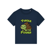 navy funny animal t-shirt with a graphic of a turtle with an emoji poo for a shell and the slogan 'turdle power'