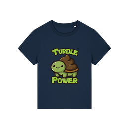 navy funny animal t-shirt with a graphic of a turtle with an emoji poo for a shell and the slogan 'turdle power'