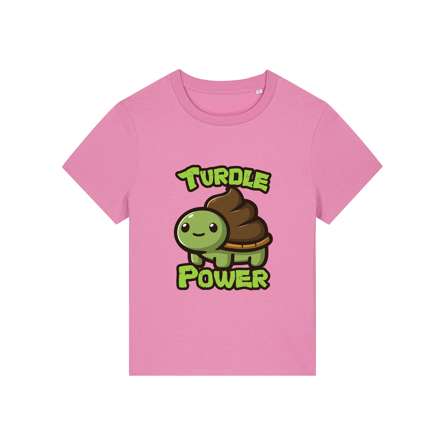 pink funny animal t-shirt with a graphic of a turtle with an emoji poo for a shell and the slogan 'turdle power'