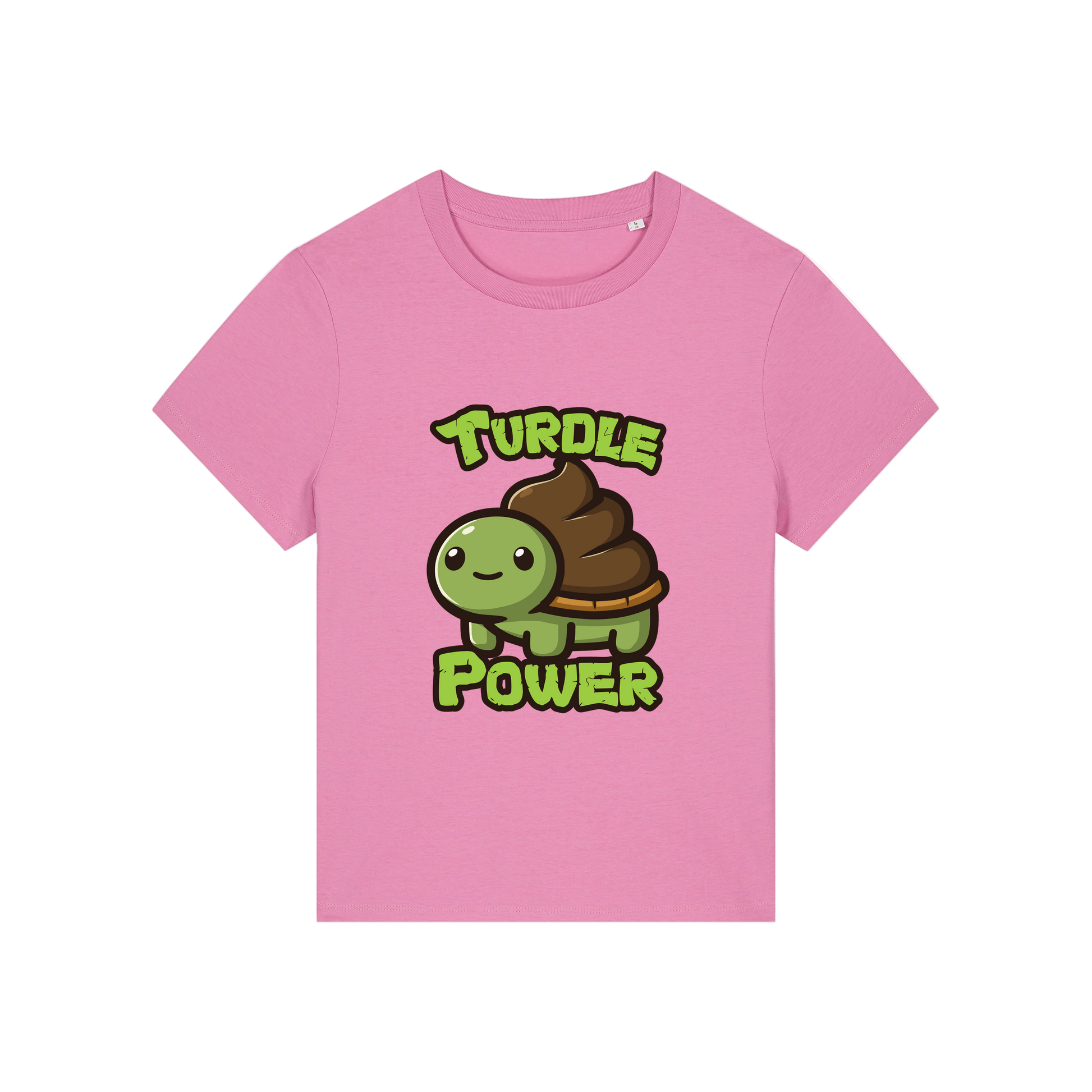 pink funny animal t-shirt with a graphic of a turtle with an emoji poo for a shell and the slogan 'turdle power'