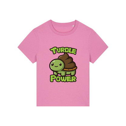 pink funny animal t-shirt with a graphic of a turtle with an emoji poo for a shell and the slogan 'turdle power'