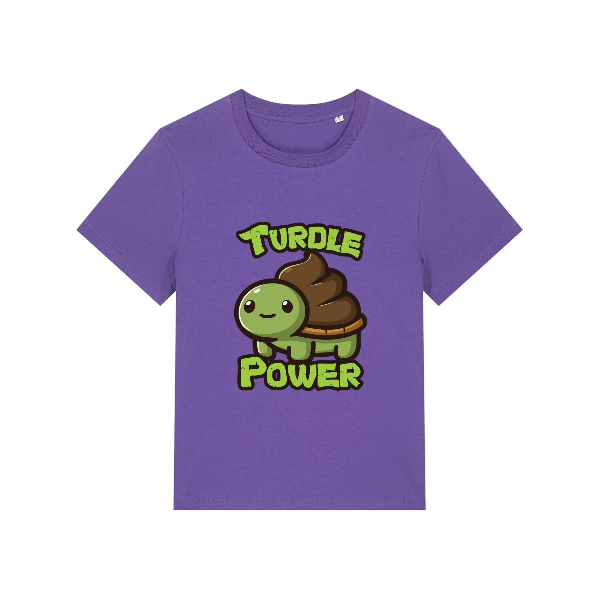purple funny animal t-shirt with a graphic of a turtle with an emoji poo for a shell and the slogan 'turdle power'