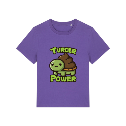 purple funny animal t-shirt with a graphic of a turtle with an emoji poo for a shell and the slogan 'turdle power'