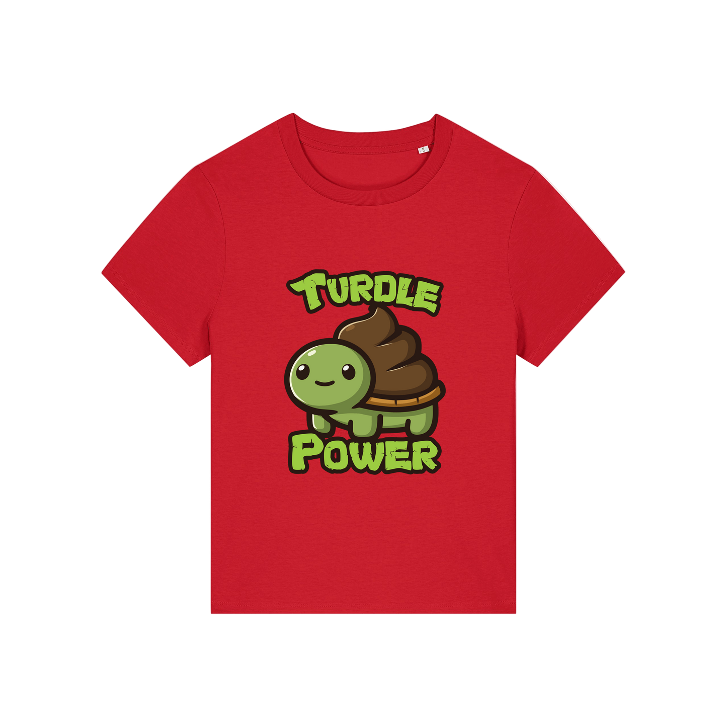 red funny animal t-shirt with a graphic of a turtle with an emoji poo for a shell and the slogan 'turdle power'