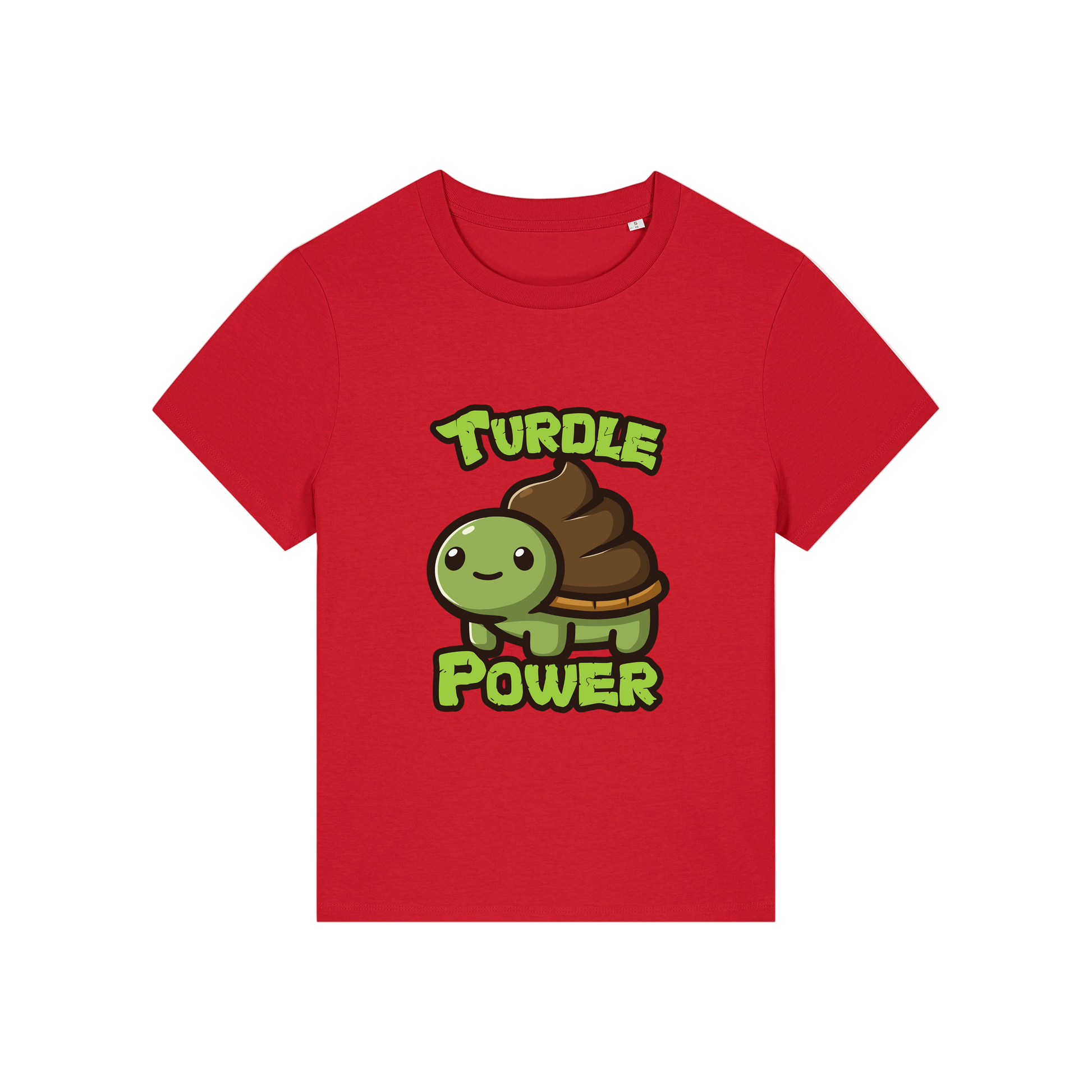 red funny animal t-shirt with a graphic of a turtle with an emoji poo for a shell and the slogan 'turdle power'