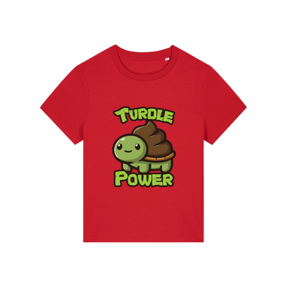 red funny animal t-shirt with a graphic of a turtle with an emoji poo for a shell and the slogan 'turdle power'