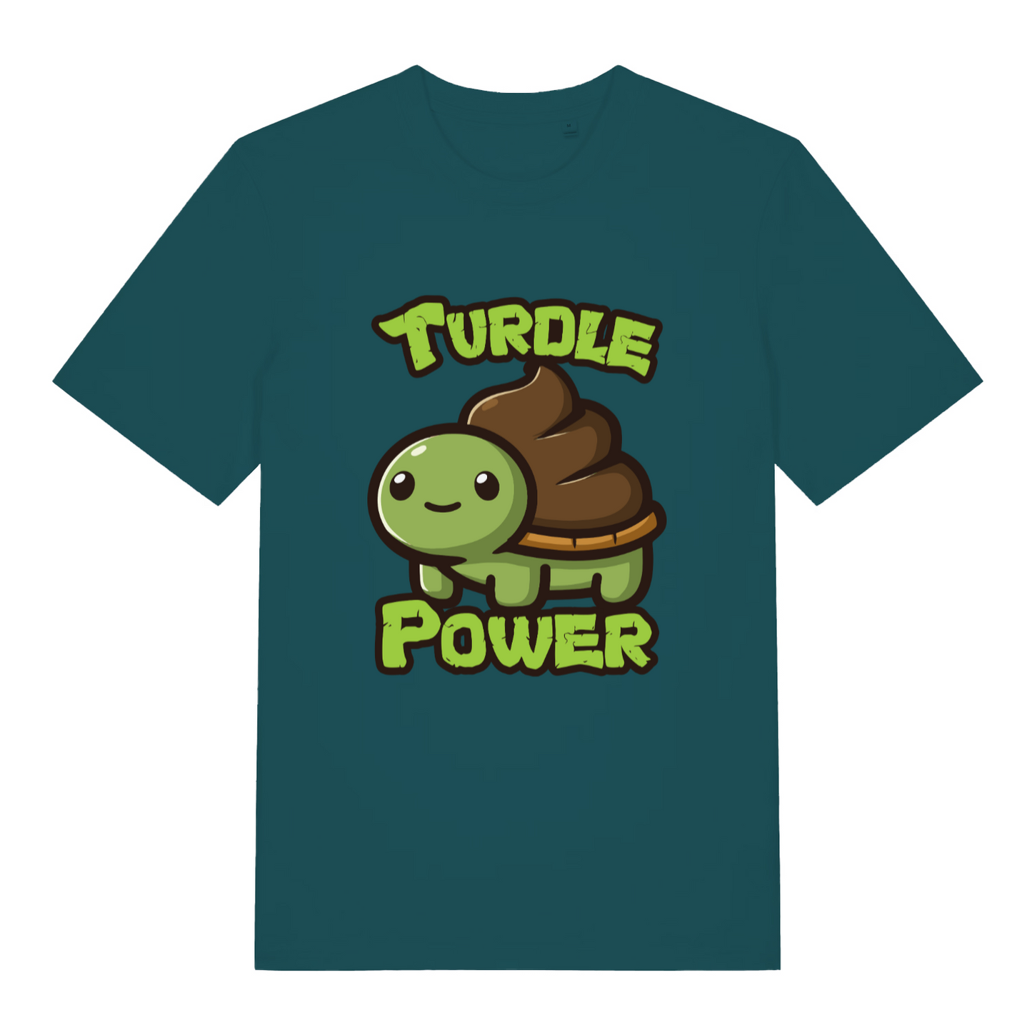 teal women's kawaii t-shirt with the graphic of a turtle with an emoji poo for a shell and the slogan 'turdle power'