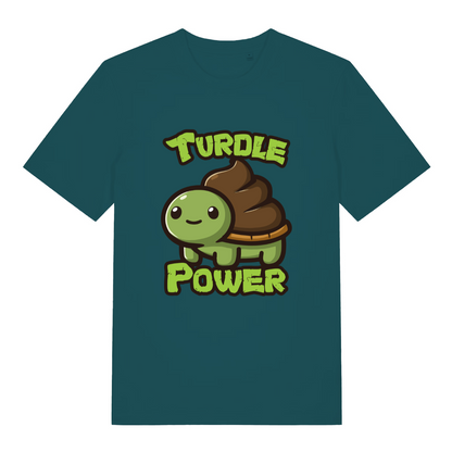teal women's kawaii t-shirt with the graphic of a turtle with an emoji poo for a shell and the slogan 'turdle power'