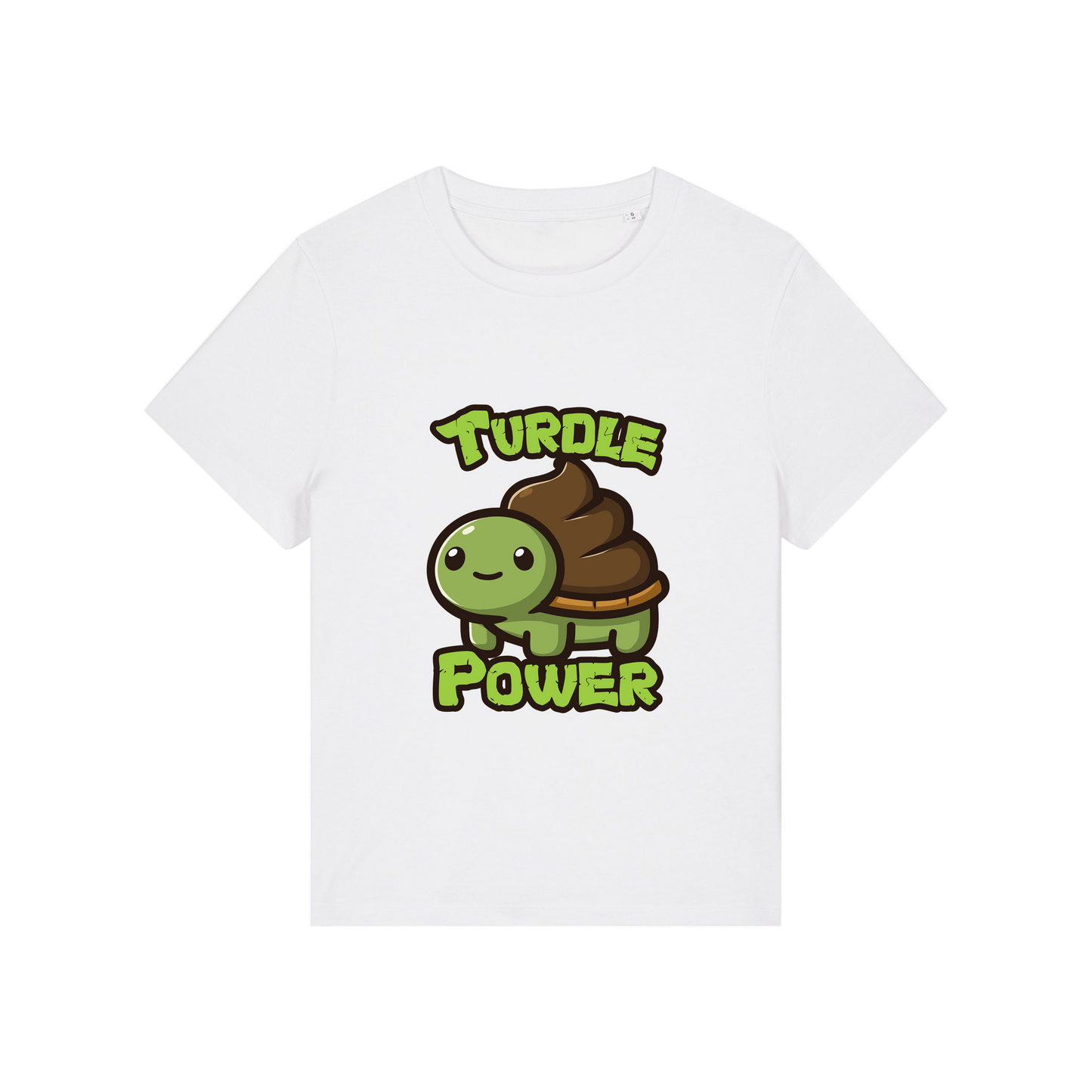 white funny animal t-shirt with a graphic of a turtle with an emoji poo for a shell and the slogan 'turdle power'
