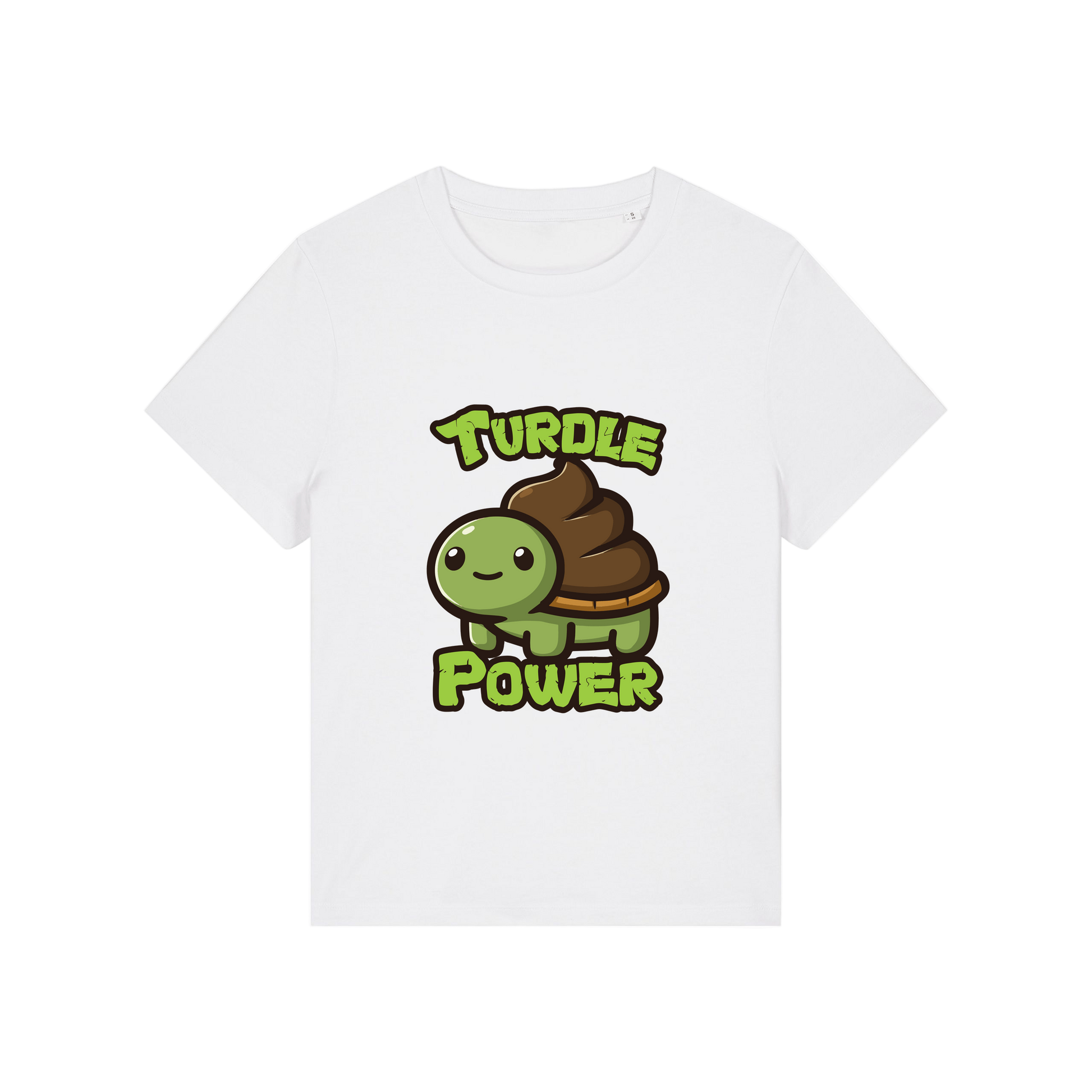 white funny animal t-shirt with a graphic of a turtle with an emoji poo for a shell and the slogan 'turdle power'