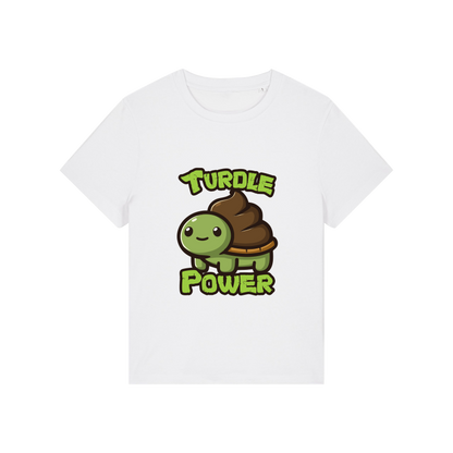 white funny animal t-shirt with a graphic of a turtle with an emoji poo for a shell and the slogan 'turdle power'