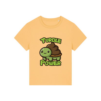 yellow funny animal t-shirt with a graphic of a turtle with an emoji poo for a shell and the slogan 'turdle power'