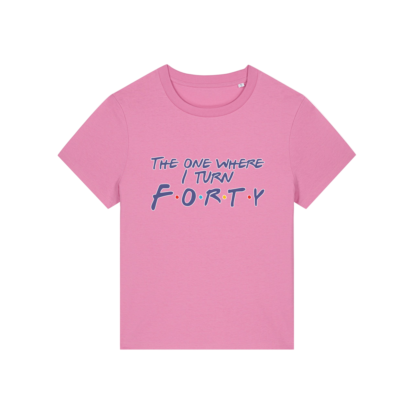 pink slogan t-shirt, inspired by the tv show friends, with the slogan 'the one where i turn forty'