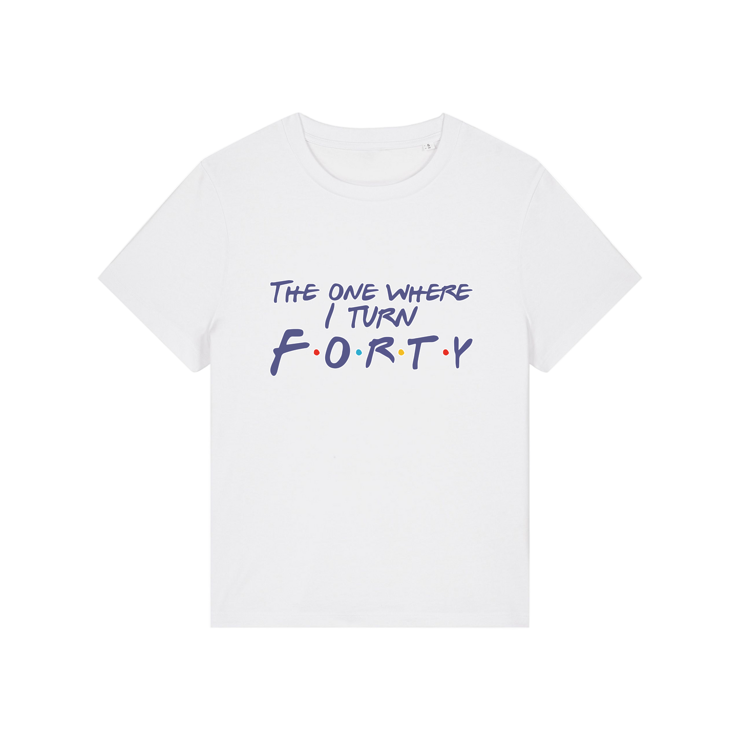 white slogan t-shirt, inspired by the tv show friends, with the slogan 'the one where i turn forty'