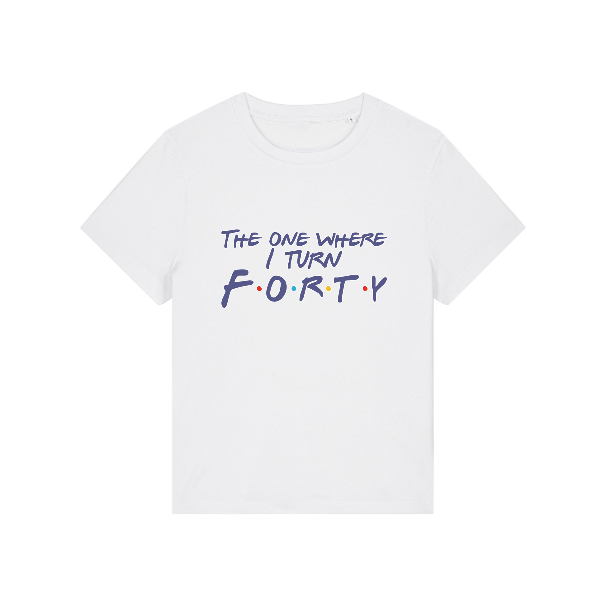 white slogan t-shirt, inspired by the tv show friends, with the slogan 'the one where i turn forty'