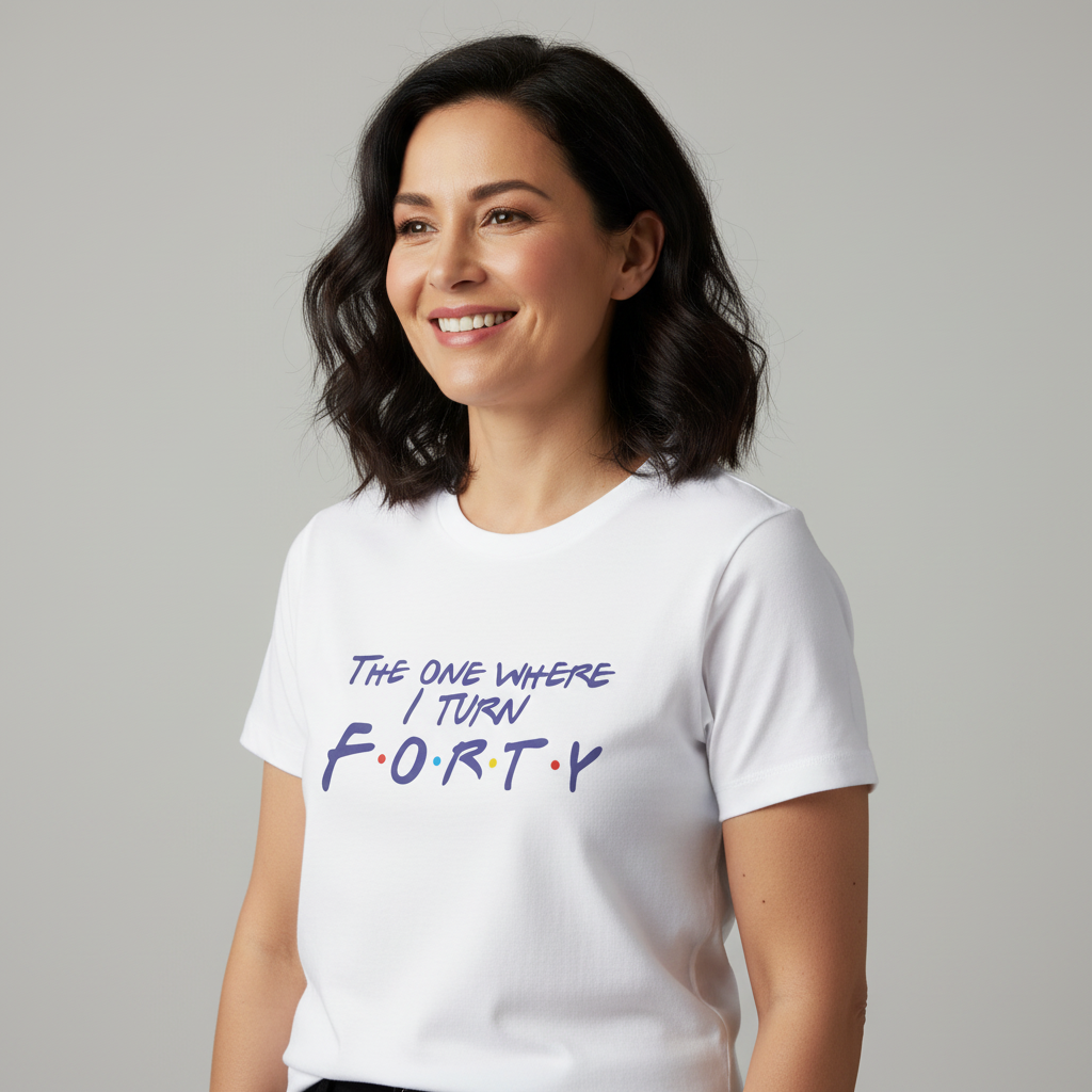woman wearing a white t-shirt with the text 'the one where i turn forty'