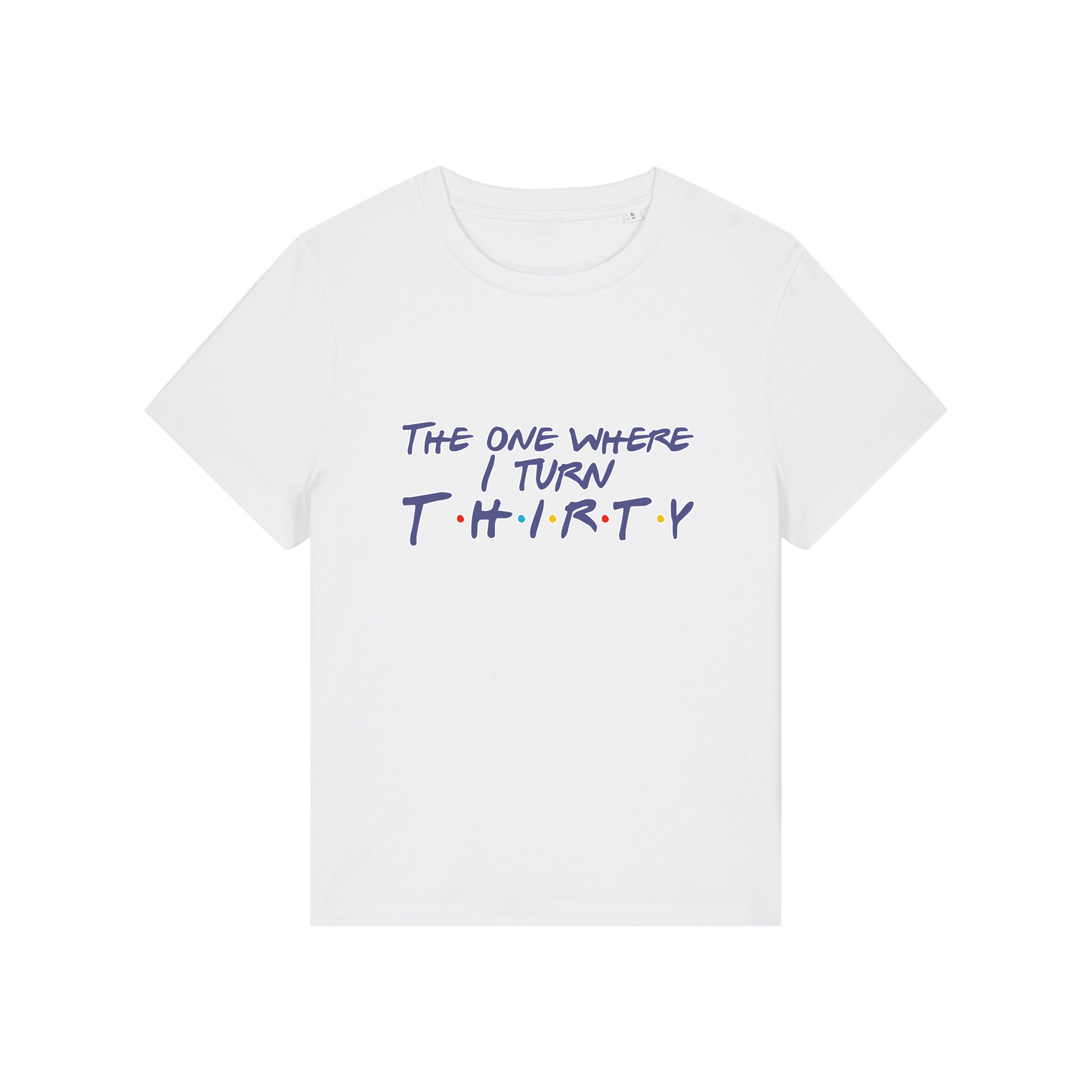 white slogan t-shirt, inspired by the tv show friends, with the slogan 'the one where i turn thirty'
