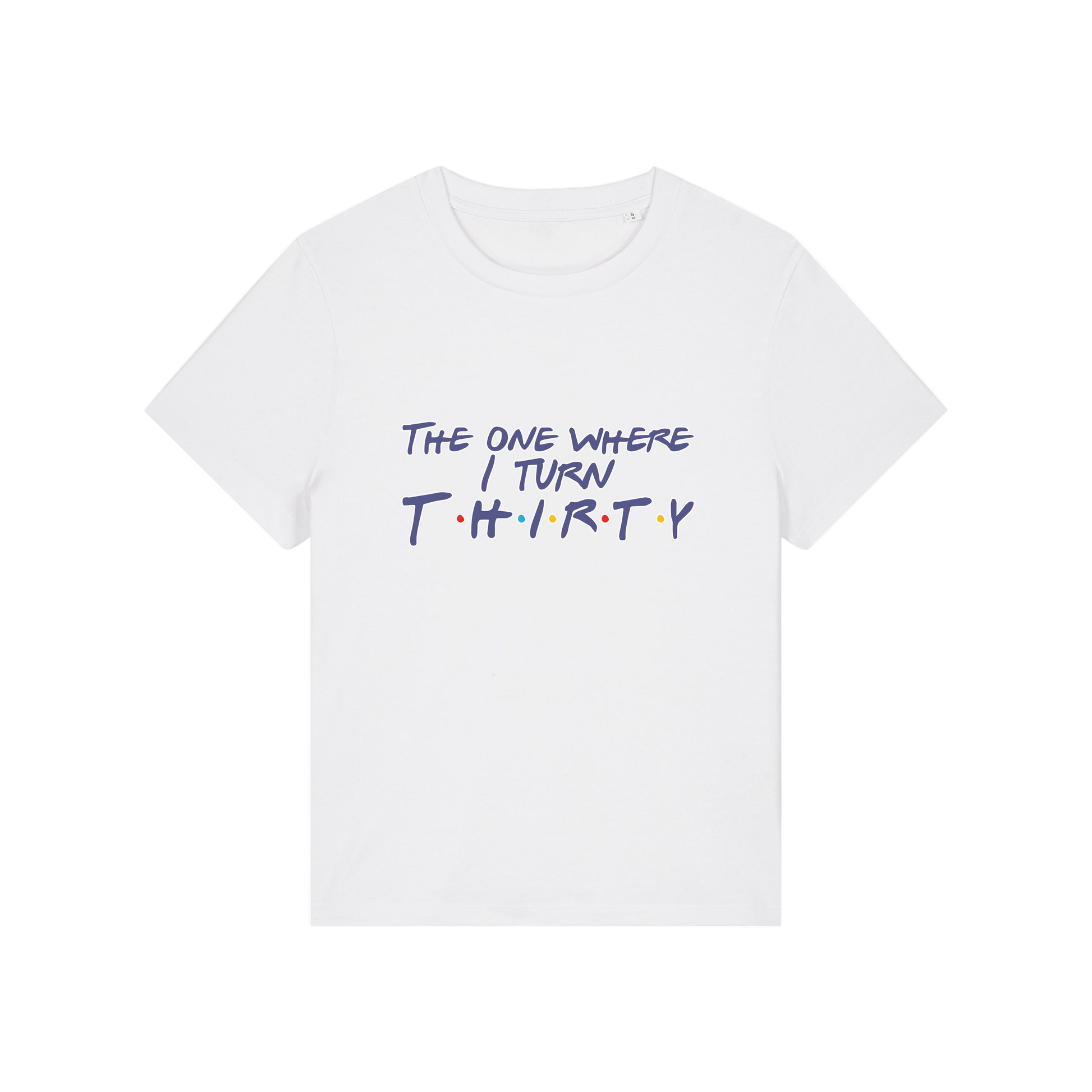 white slogan t-shirt, inspired by the tv show friends, with the slogan 'the one where i turn thirty'