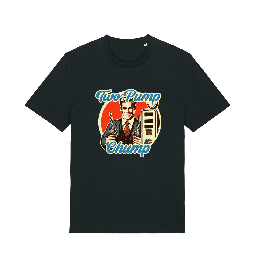 black funny offensive t-shirt with the graphic of a retro man holding a fuel pump and the slogan 'two pump chump'
