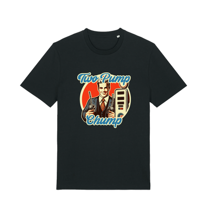 black funny offensive t-shirt with the graphic of a retro man holding a fuel pump and the slogan 'two pump chump'