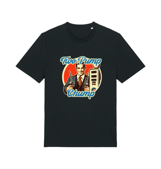 black funny offensive t-shirt with the graphic of a retro man holding a fuel pump and the slogan 'two pump chump'