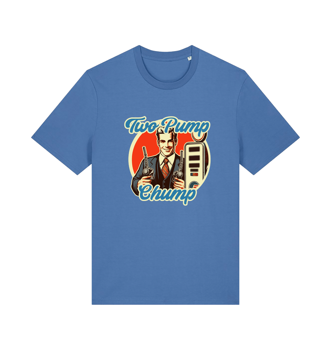 blue funny offensive t-shirt with the graphic of a retro man holding a fuel pump and the slogan 'two pump chump'