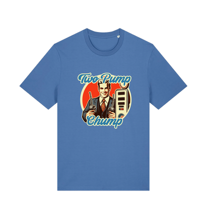 blue funny offensive t-shirt with the graphic of a retro man holding a fuel pump and the slogan 'two pump chump'