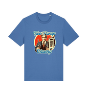 blue funny offensive t-shirt with the graphic of a retro man holding a fuel pump and the slogan 'two pump chump'