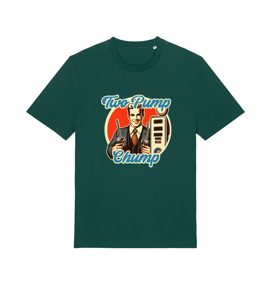 green funny offensive t-shirt with the graphic of a retro man holding a fuel pump and the slogan 'two pump chump'