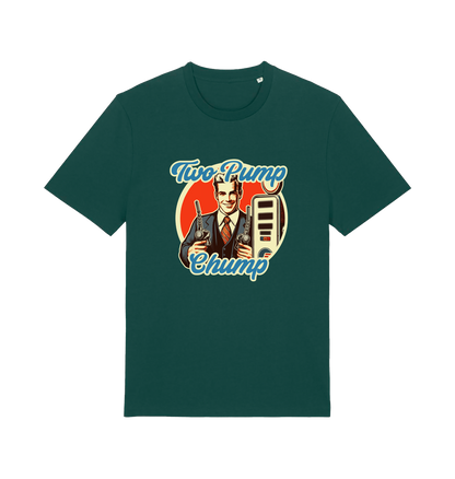 green funny offensive t-shirt with the graphic of a retro man holding a fuel pump and the slogan 'two pump chump'