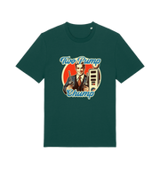 green funny offensive t-shirt with the graphic of a retro man holding a fuel pump and the slogan 'two pump chump'