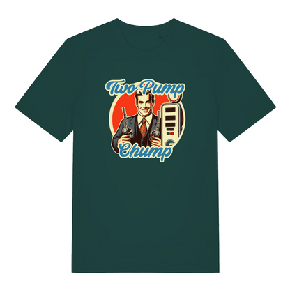 green funny offensive t-shirt with the graphic of a man holding a fuel pump nozzle and the slogan 'two pump chump'