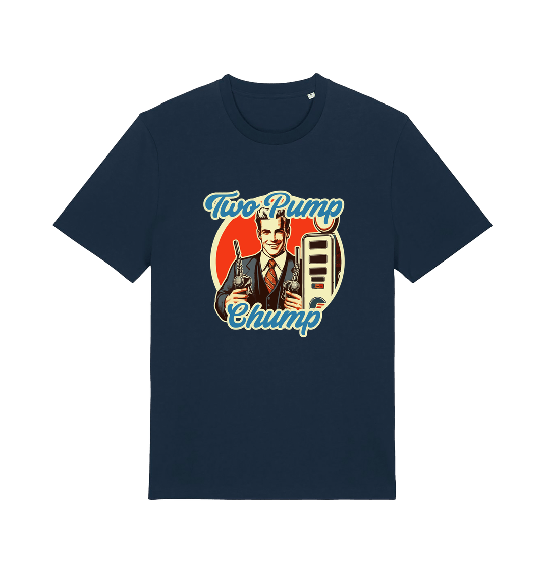 navy funny offensive t-shirt with the graphic of a retro man holding a fuel pump and the slogan 'two pump chump'