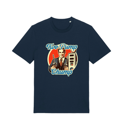 navy funny offensive t-shirt with the graphic of a retro man holding a fuel pump and the slogan 'two pump chump'