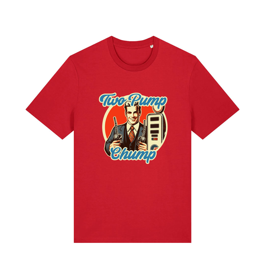 red funny offensive t-shirt with the graphic of a retro man holding a fuel pump and the slogan 'two pump chump'