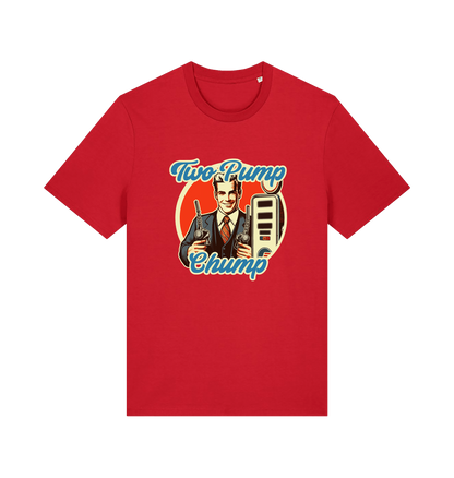 red funny offensive t-shirt with the graphic of a retro man holding a fuel pump and the slogan 'two pump chump'