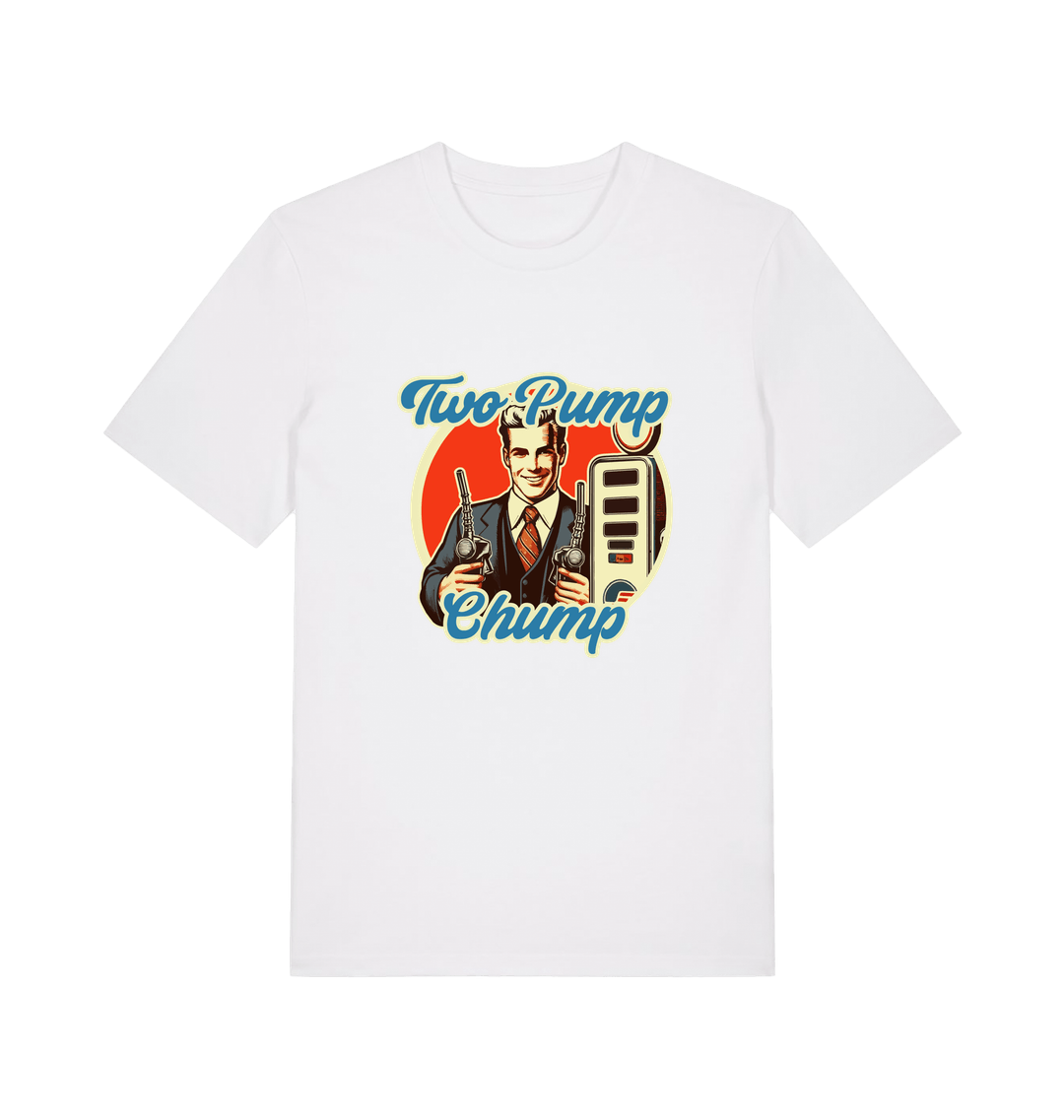 white funny offensive t-shirt with the graphic of a retro man holding a fuel pump and the slogan 'two pump chump'