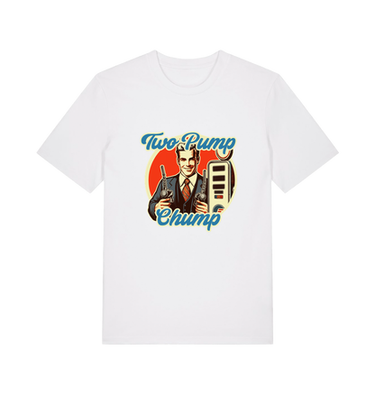 white funny offensive t-shirt with the graphic of a retro man holding a fuel pump and the slogan 'two pump chump'