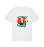white funny offensive t-shirt with the graphic of a retro man holding a fuel pump and the slogan 'two pump chump'