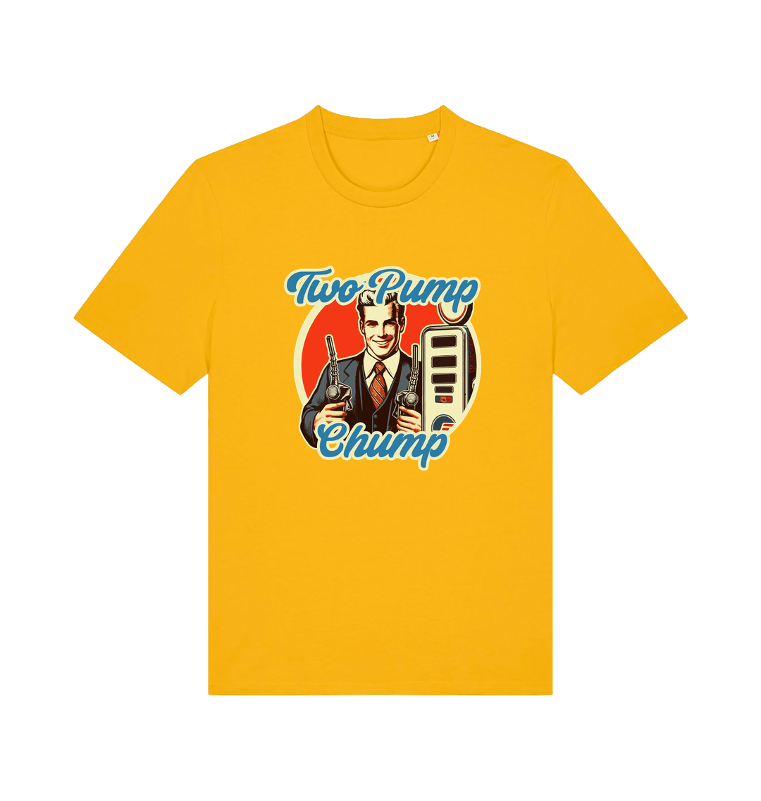 yellow funny offensive t-shirt with the graphic of a retro man holding a fuel pump and the slogan 'two pump chump'