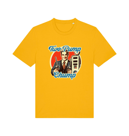 yellow funny offensive t-shirt with the graphic of a retro man holding a fuel pump and the slogan 'two pump chump'