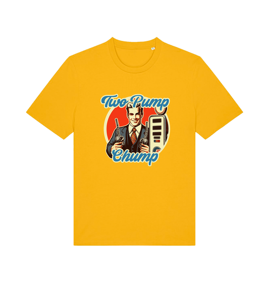 yellow funny offensive t-shirt with the graphic of a retro man holding a fuel pump and the slogan 'two pump chump'
